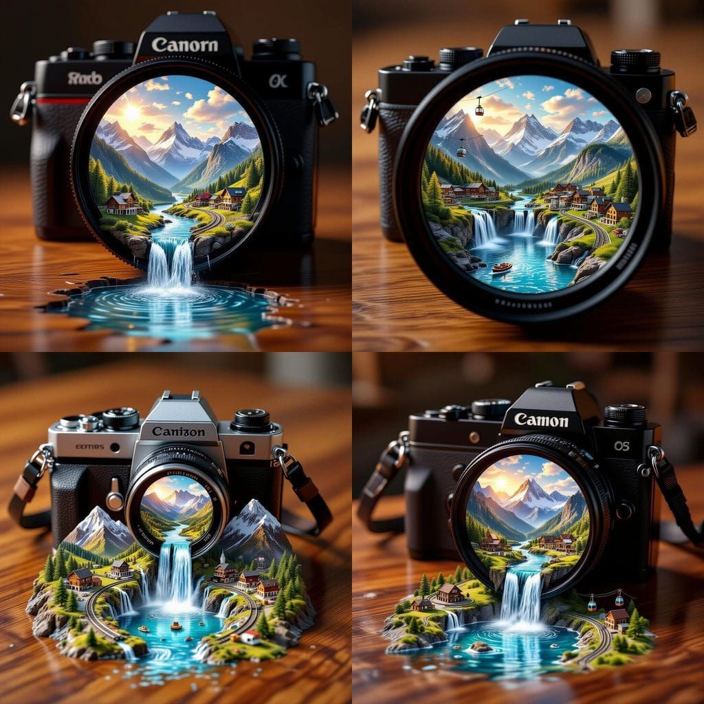 Miniature World Inside Camera With Waterfall Flowing Onto Ta...