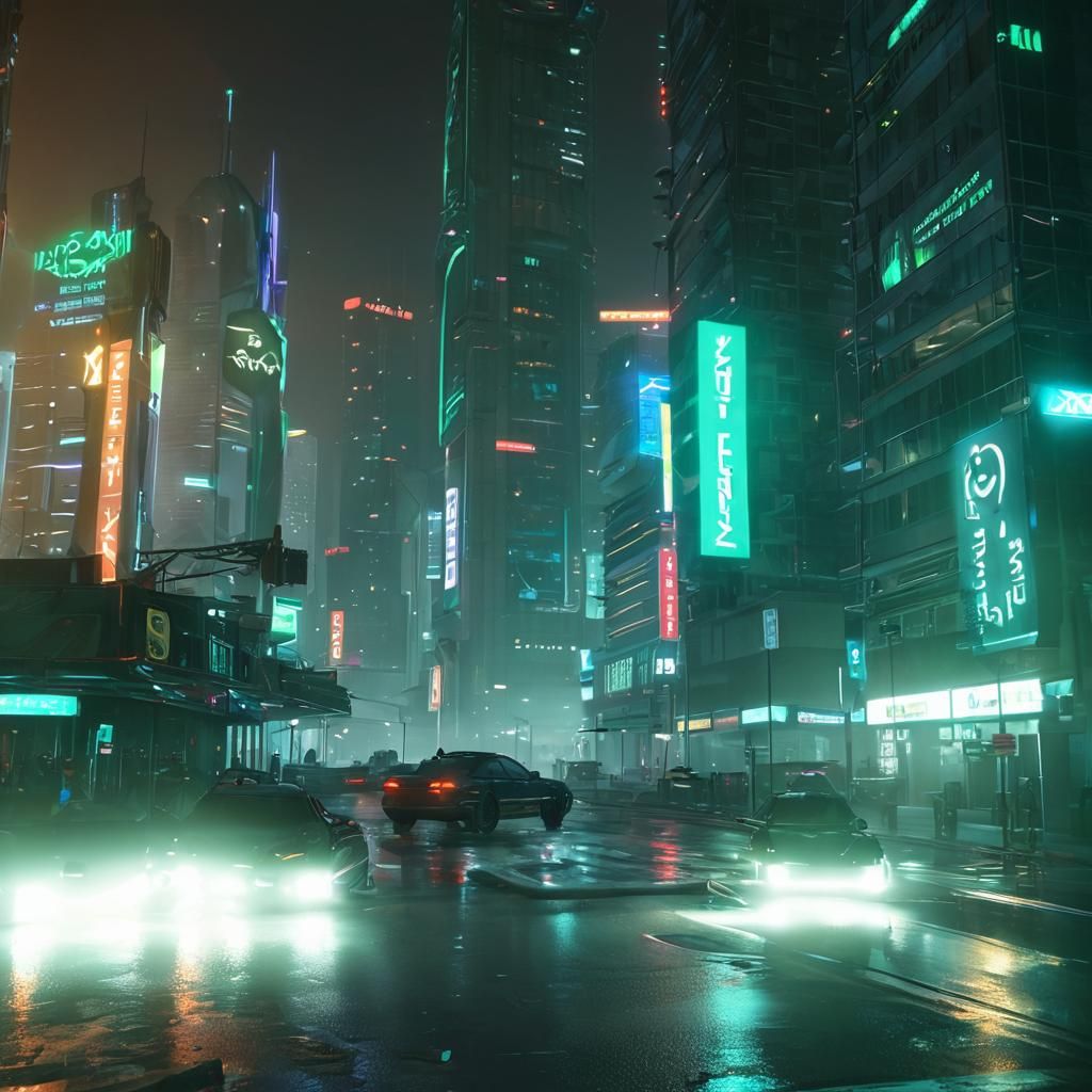Night Cyberpunk Cityscape with Neon Lights