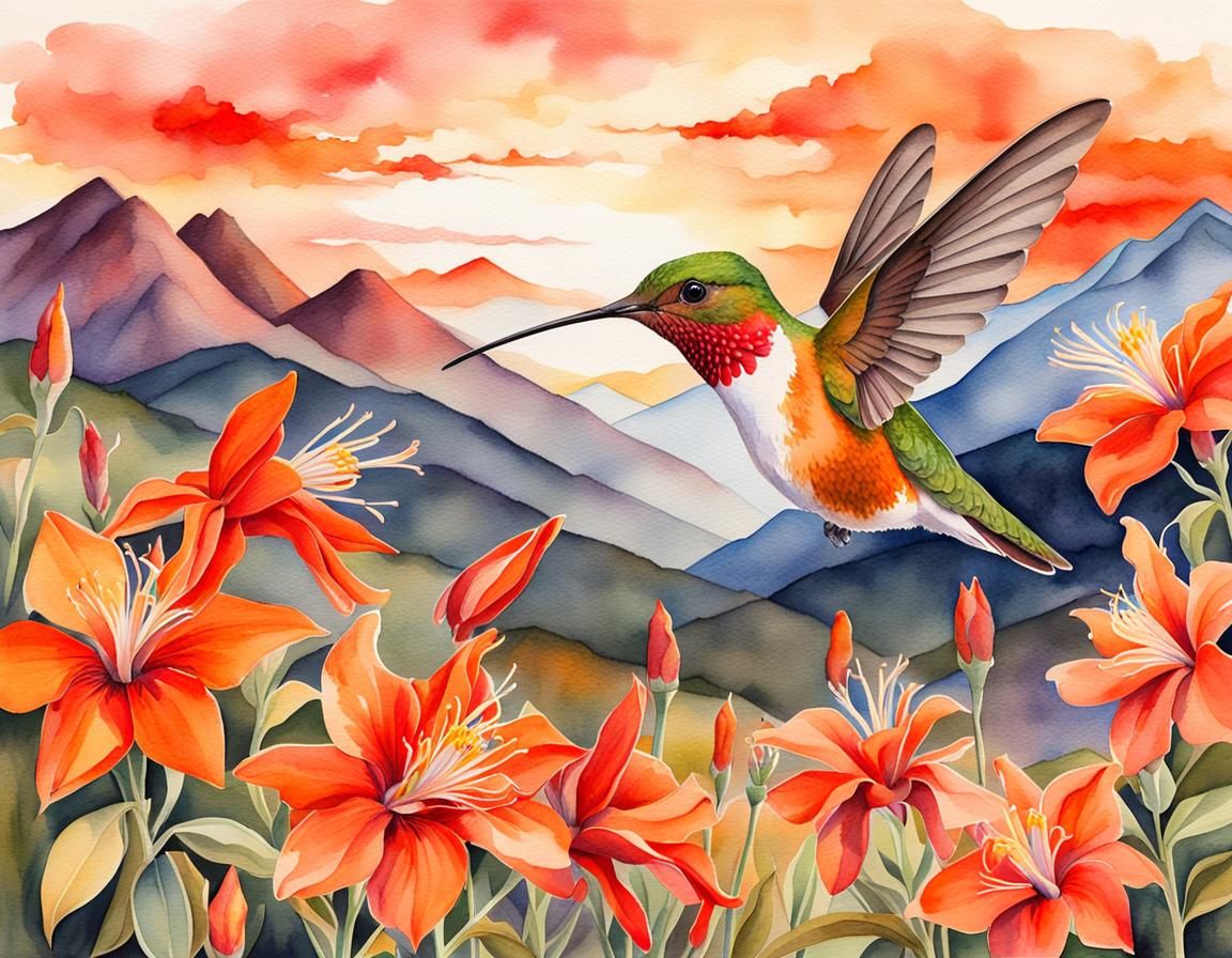 Rufous Hummingbird in Watercolor Columbine Field
