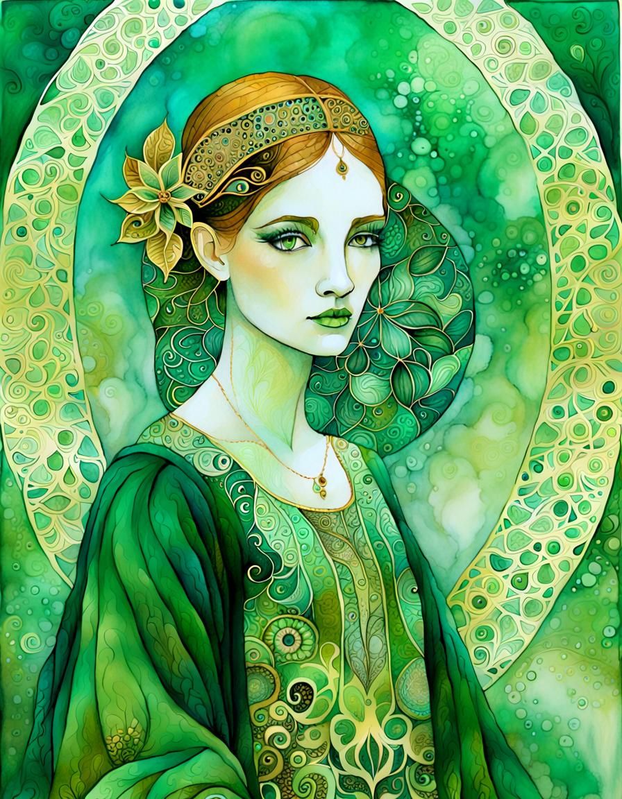 Green Bohemian Beauty in Mixed Media Style
