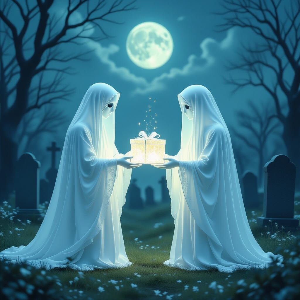 Ethereal Ghosts Exchange Spectral Gift in Moonlit Graveyard