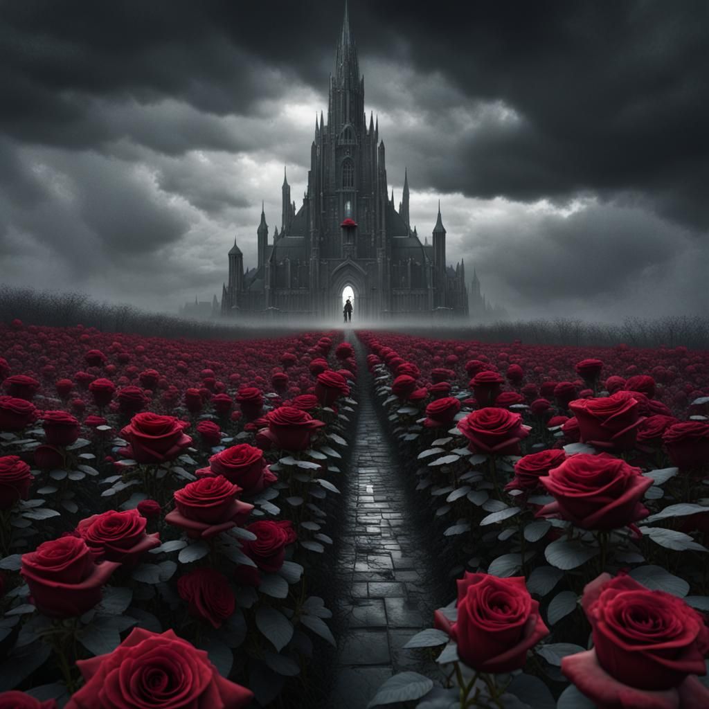 Dark Tower Maze in Crimson Roses, Dark Fantasy Art