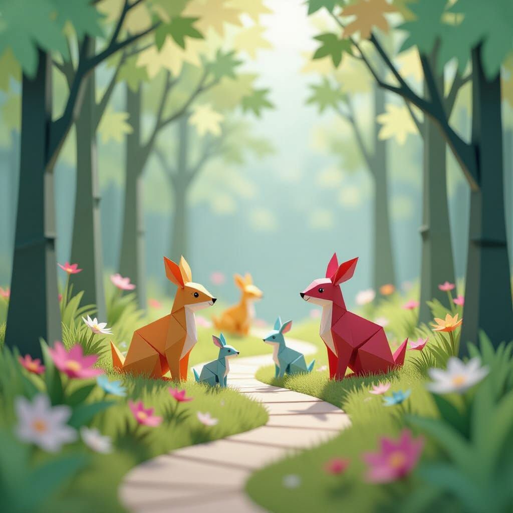 Intricate Origami Forest with Paper Animals
