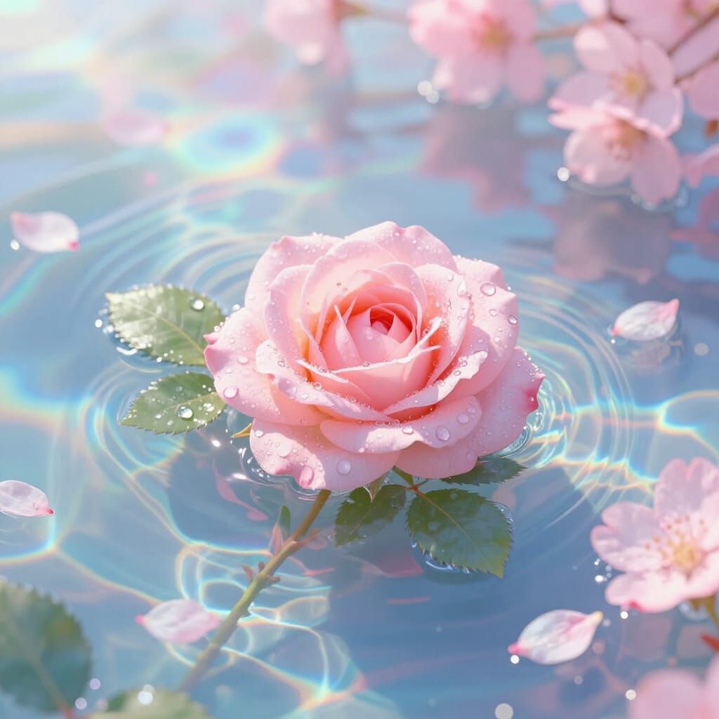 Dewy Rose on Iridescent Water in Spring Light