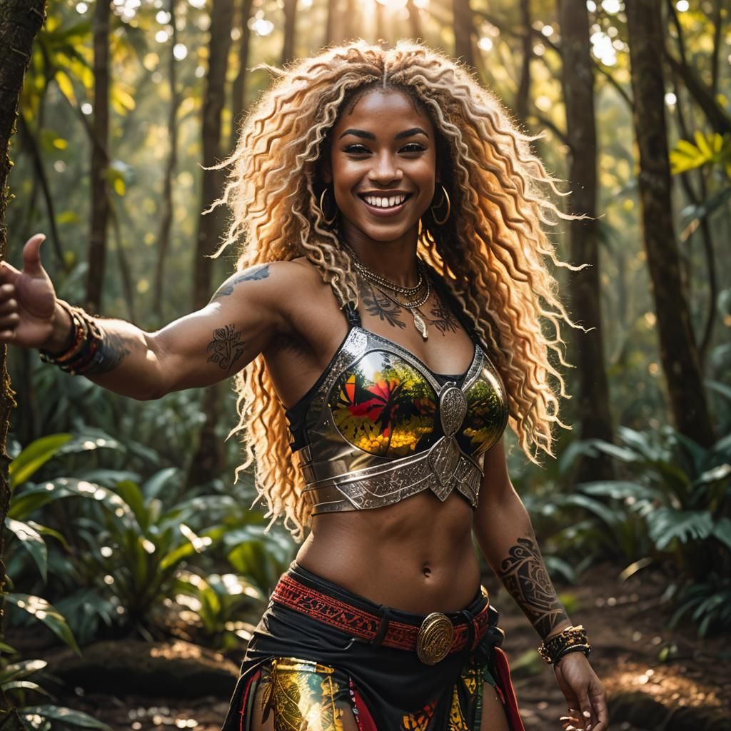 Fit warrior Blondie girl, Power Pose, smiling, Tattoos made of light focused on Chrystal silhouette Portrait of a Island...