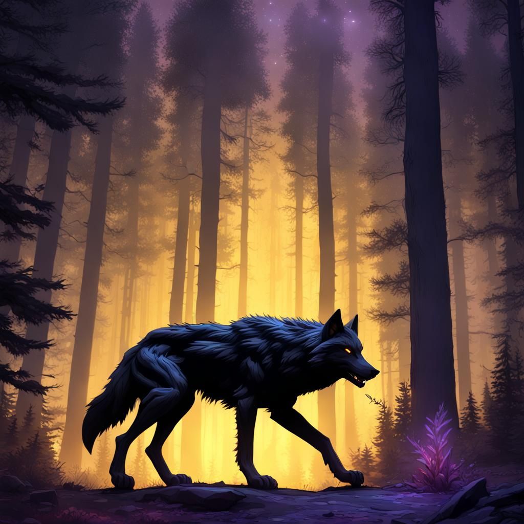 Humanoid Black Wolf in Dark Forest, Fantasy Art
