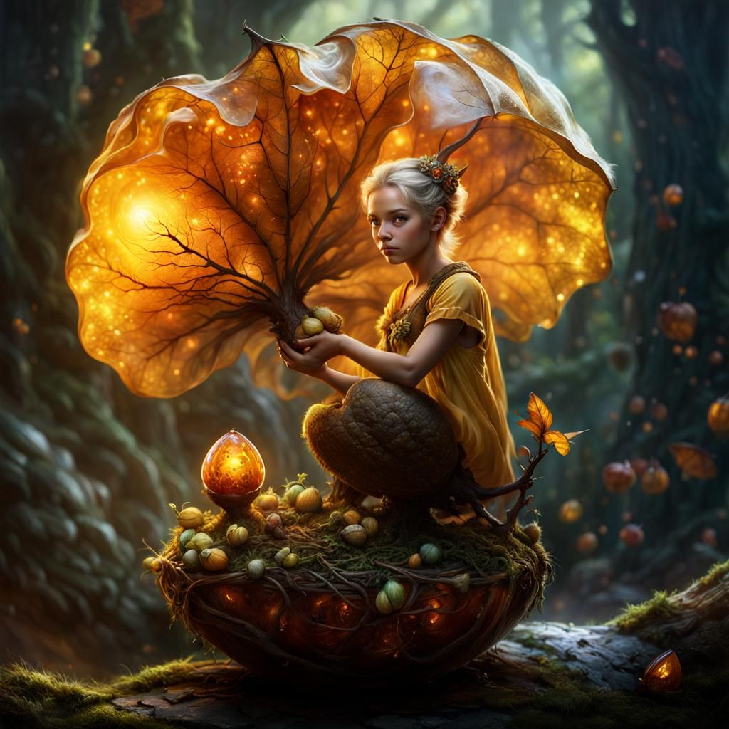 Amber Pixie with Acorn: Fantasycore Digital Art