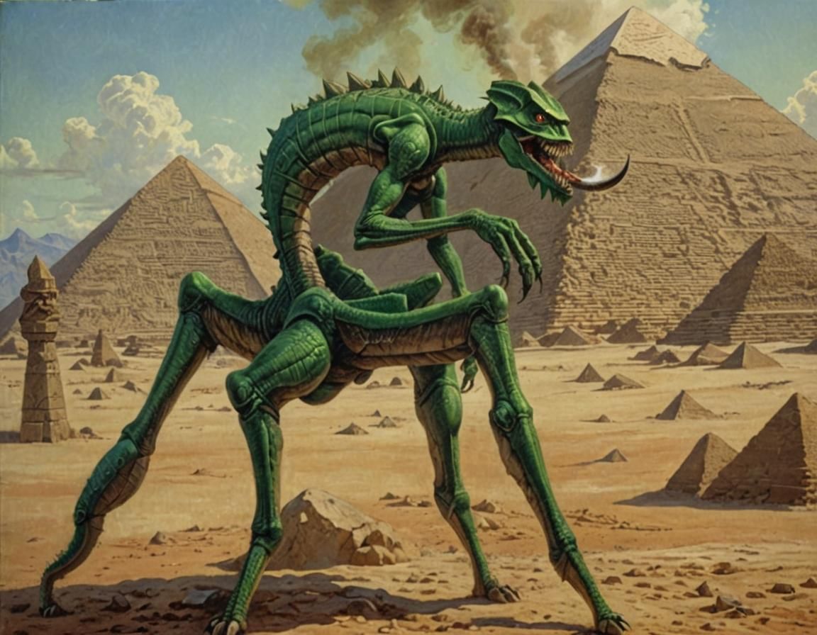 Menacing Creature with Glowing Eyes and Pyramids