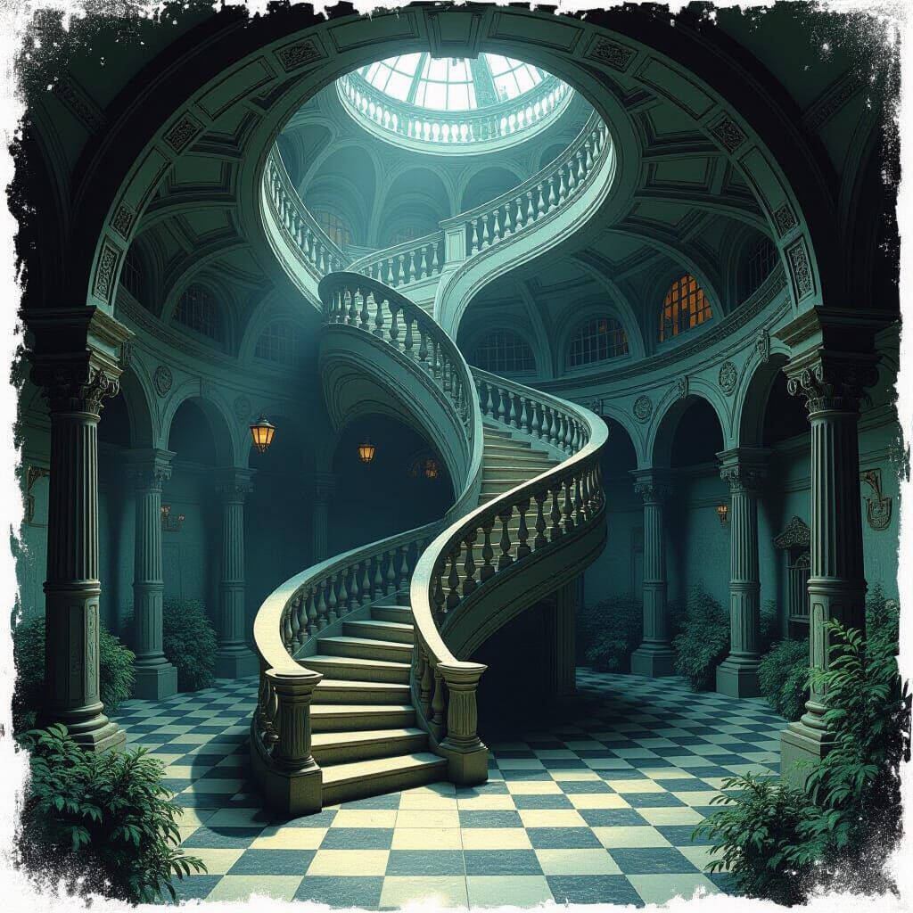 Surreal Staircase in Shadows, Digital Art