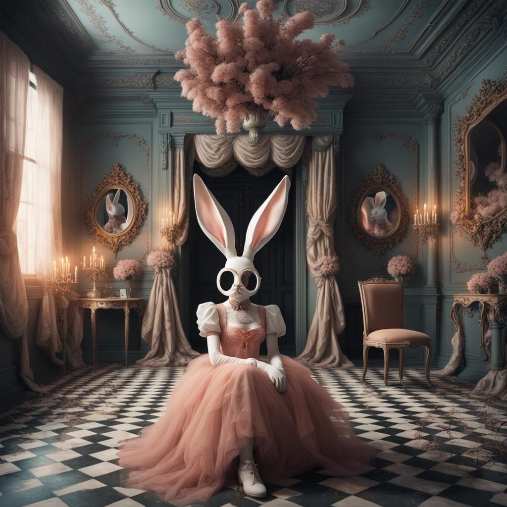 Masked Bunny in Surreal Dystopian Dreamscape