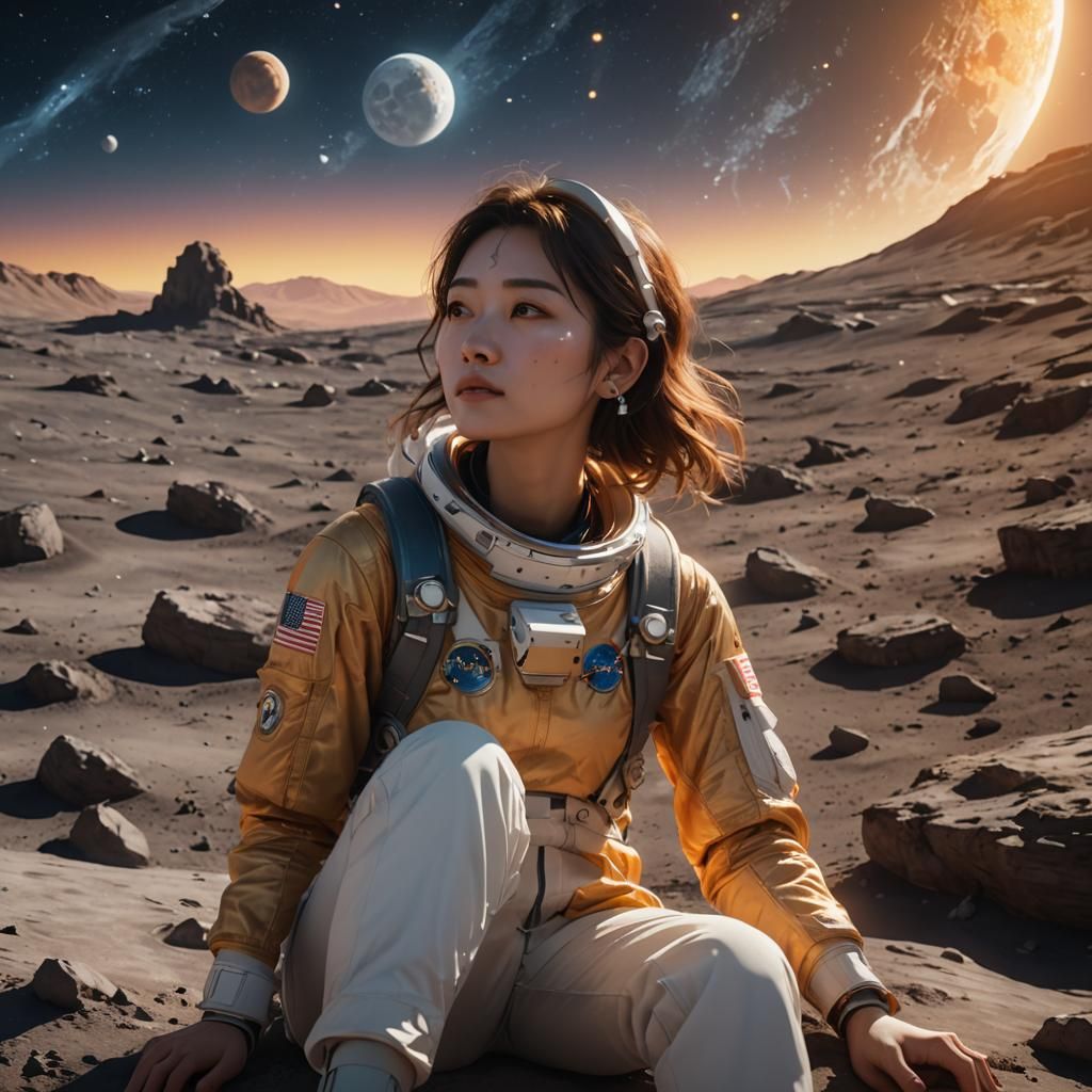 Woman on Moon Gazing at Earth in Anime Style