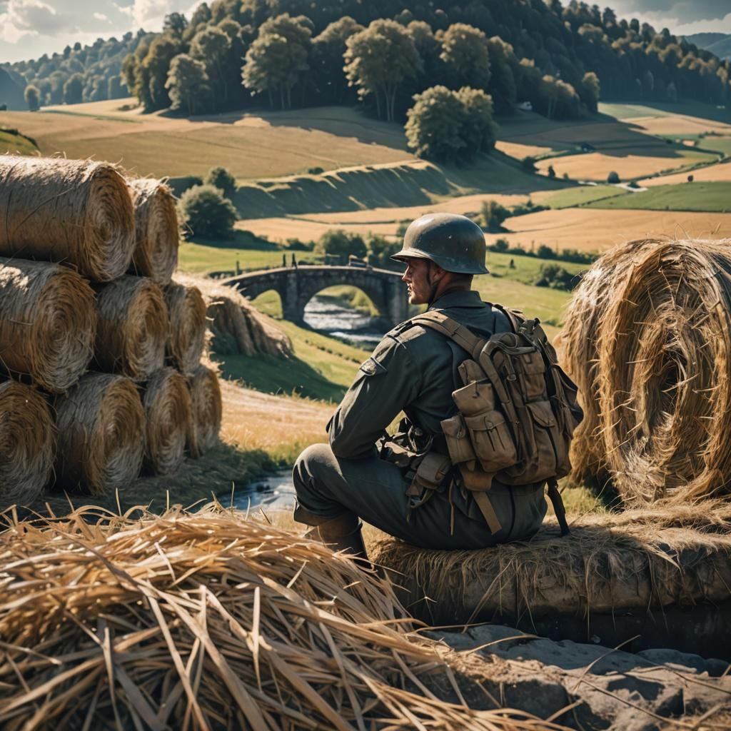 German Soldier Resting on Bridge in Cinematic Art Style