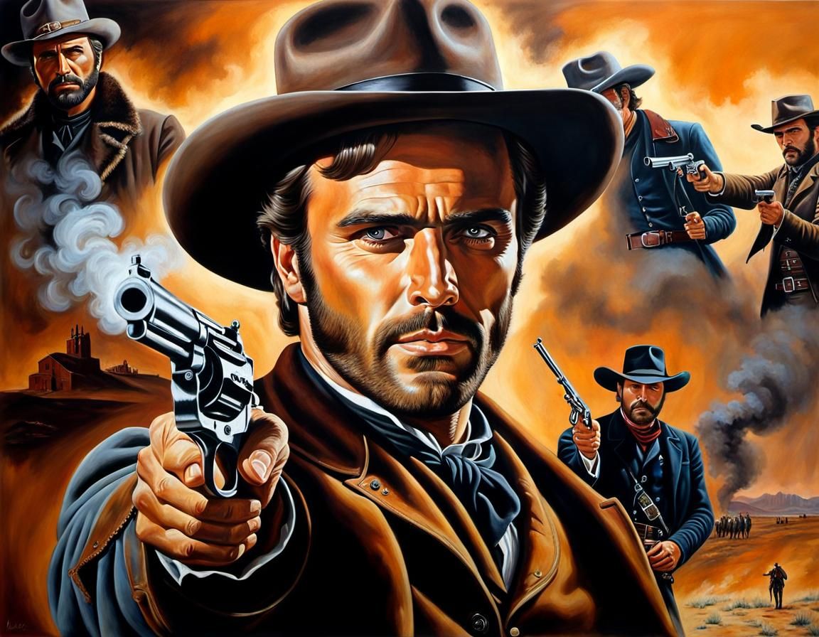 Young Django Portrait with Gun, Hyperrealistic Oil Painting