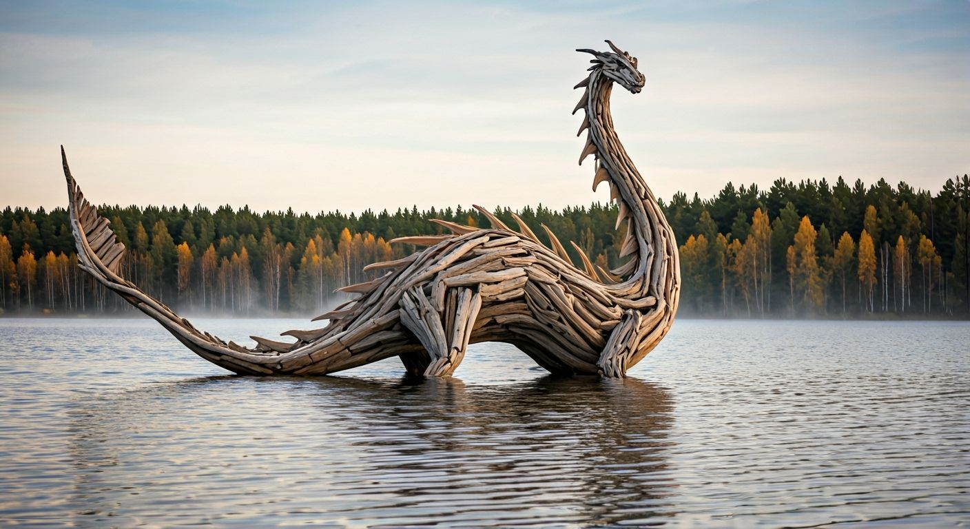 Driftwood Lochness Monster Sculpture in Misty Autumn Lake