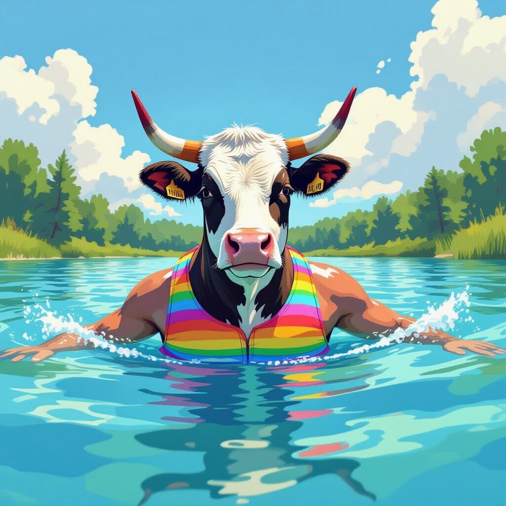 Bull in Swim Trunks Swimming in Sunny Lake