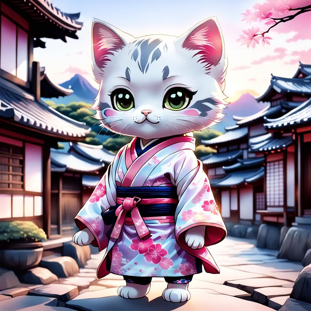 Chibi Kitten in Kimono: Manga Style Illustration