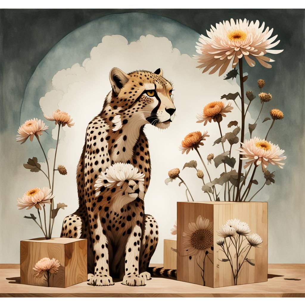 Cheetah and Chrysanthemums in Double Exposure Style
