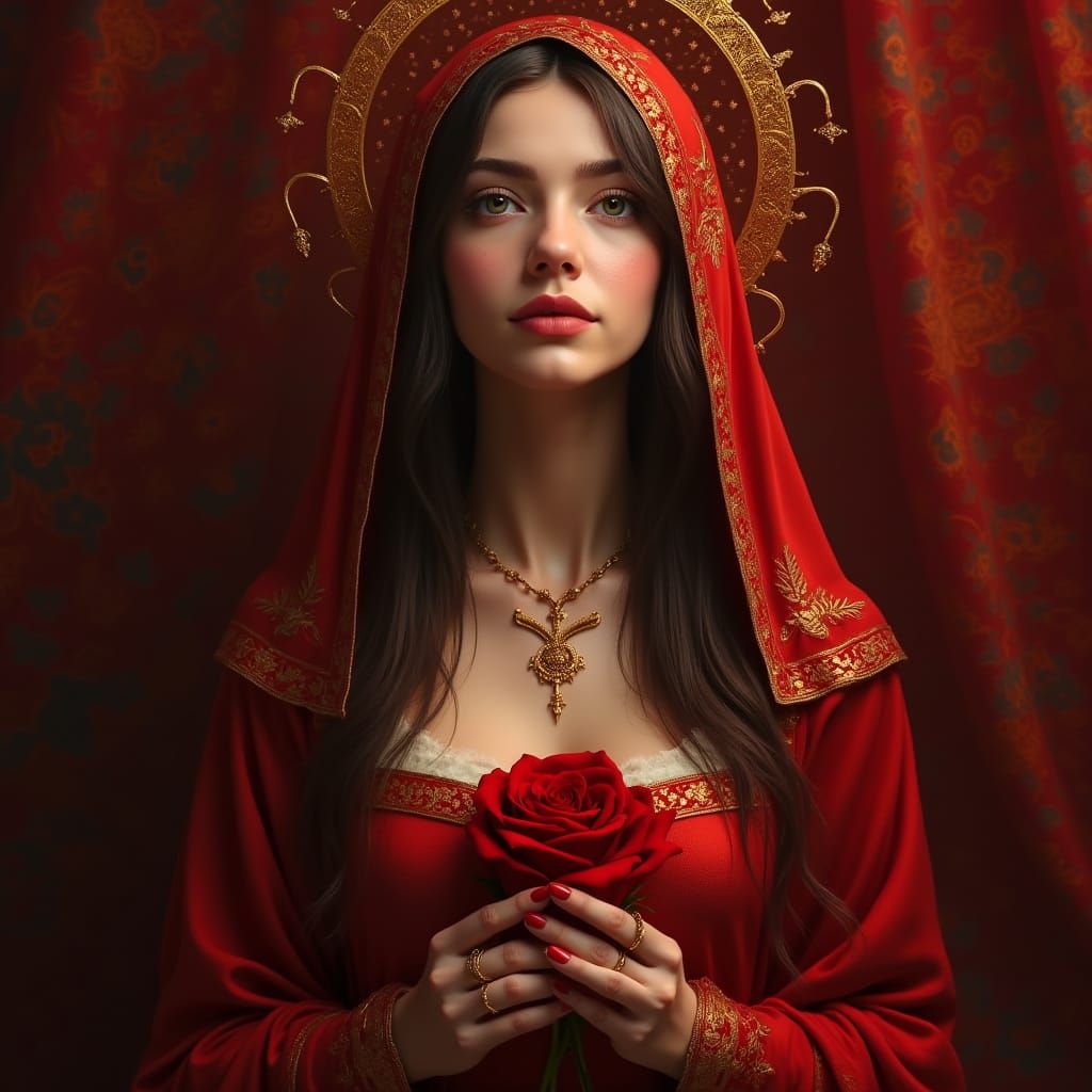 Mary Magdalene Portrait in Red Velvet and Gold