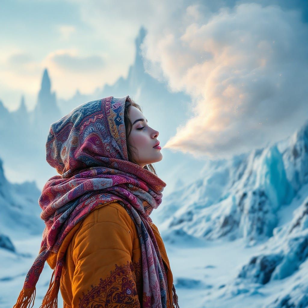 Ethereal Woman Frozen in Crystal Landscape