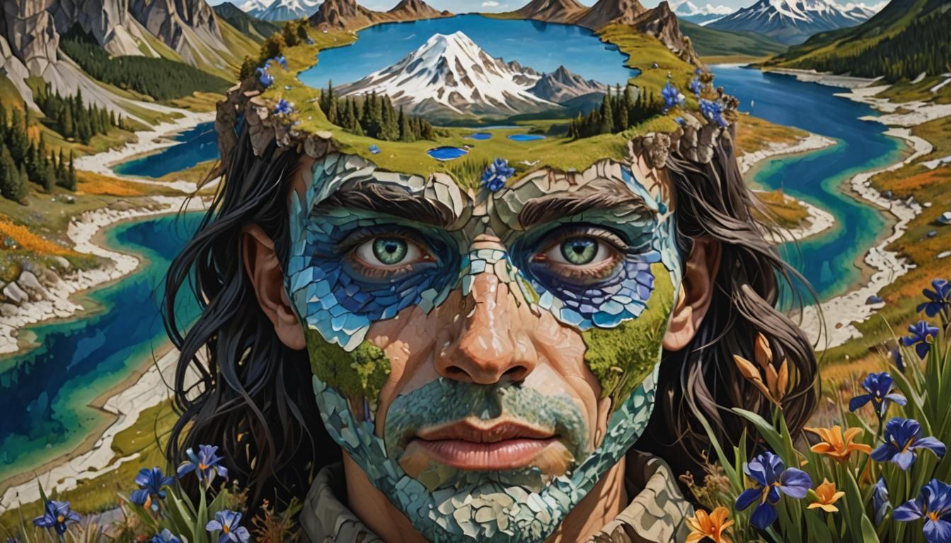 Surreal Landscape Face Portrait in Trompe-l'Oeil Style