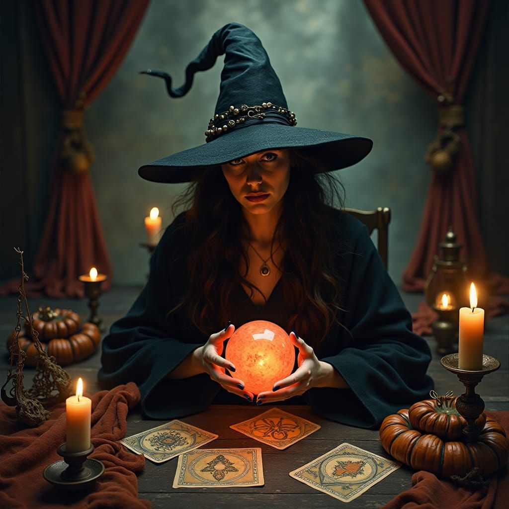 Mystical Witch with Crystal Ball in Dark Surrealism