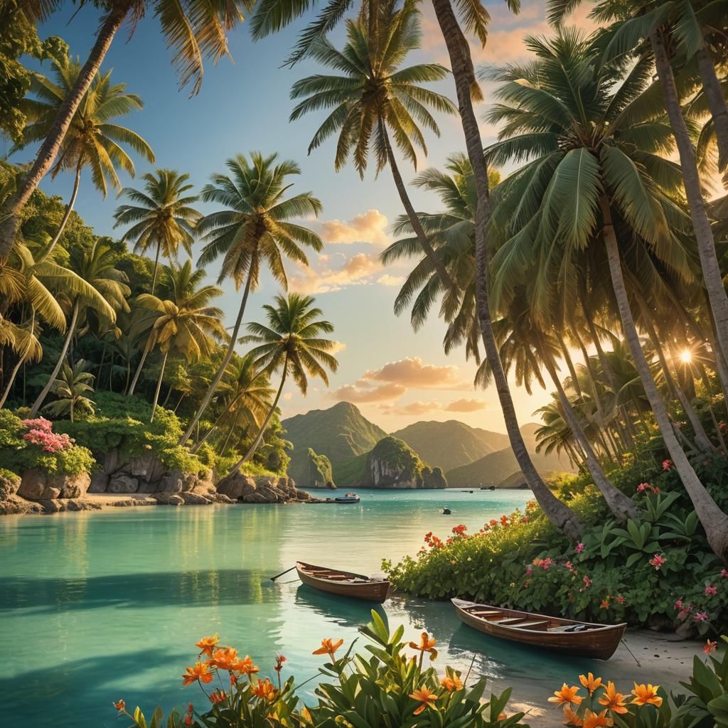 Lagoon Sunset: Tropical Island Fantasy Art