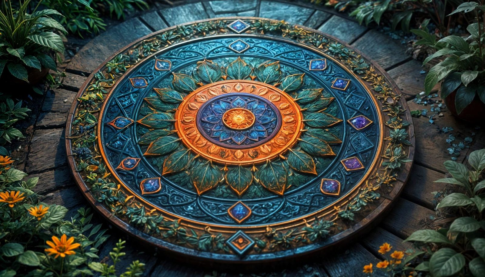 Symmetrical Garden Mandala in Vibrant Oil Color