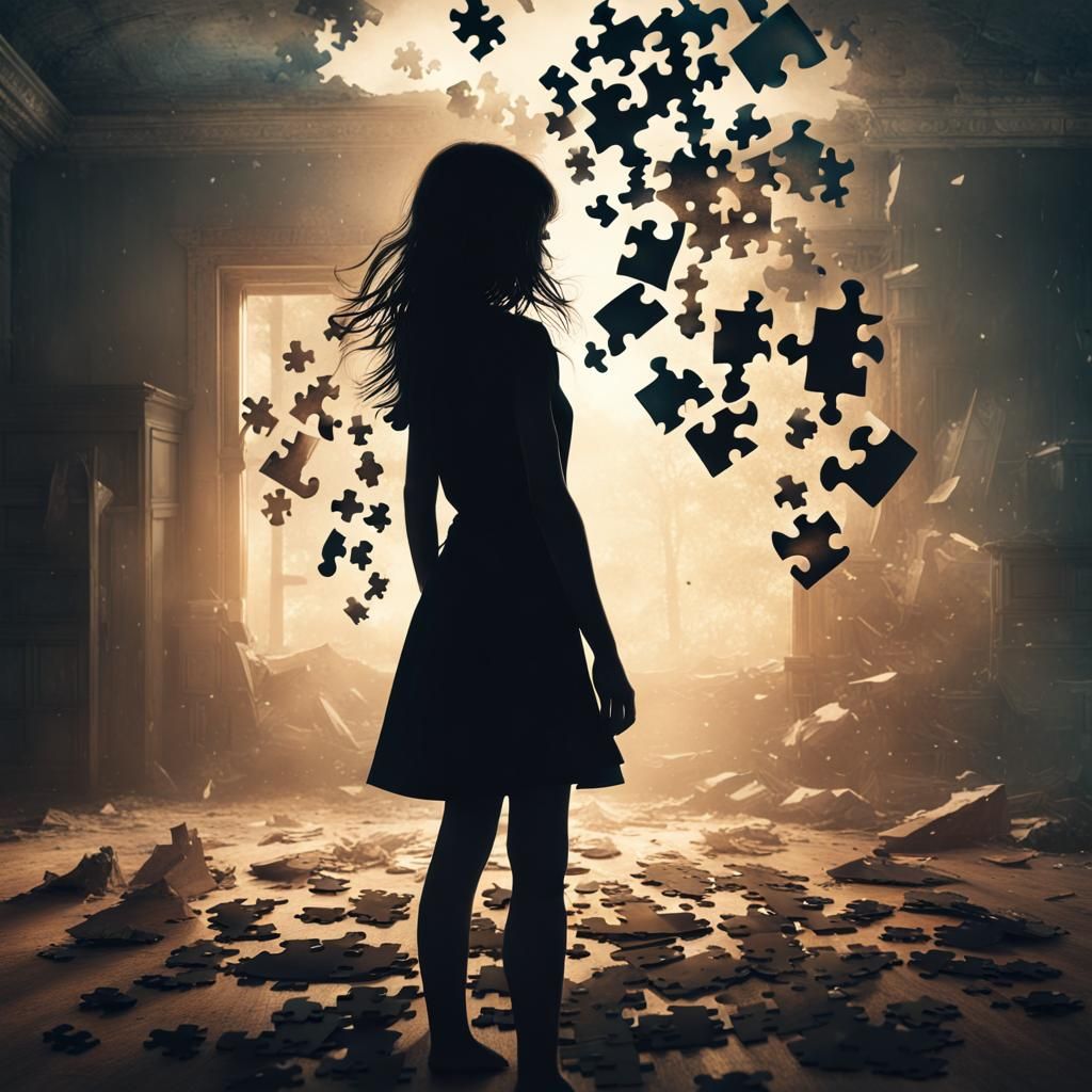 Girl Disintegrating into Puzzle Pieces: Digital Matte Painti...