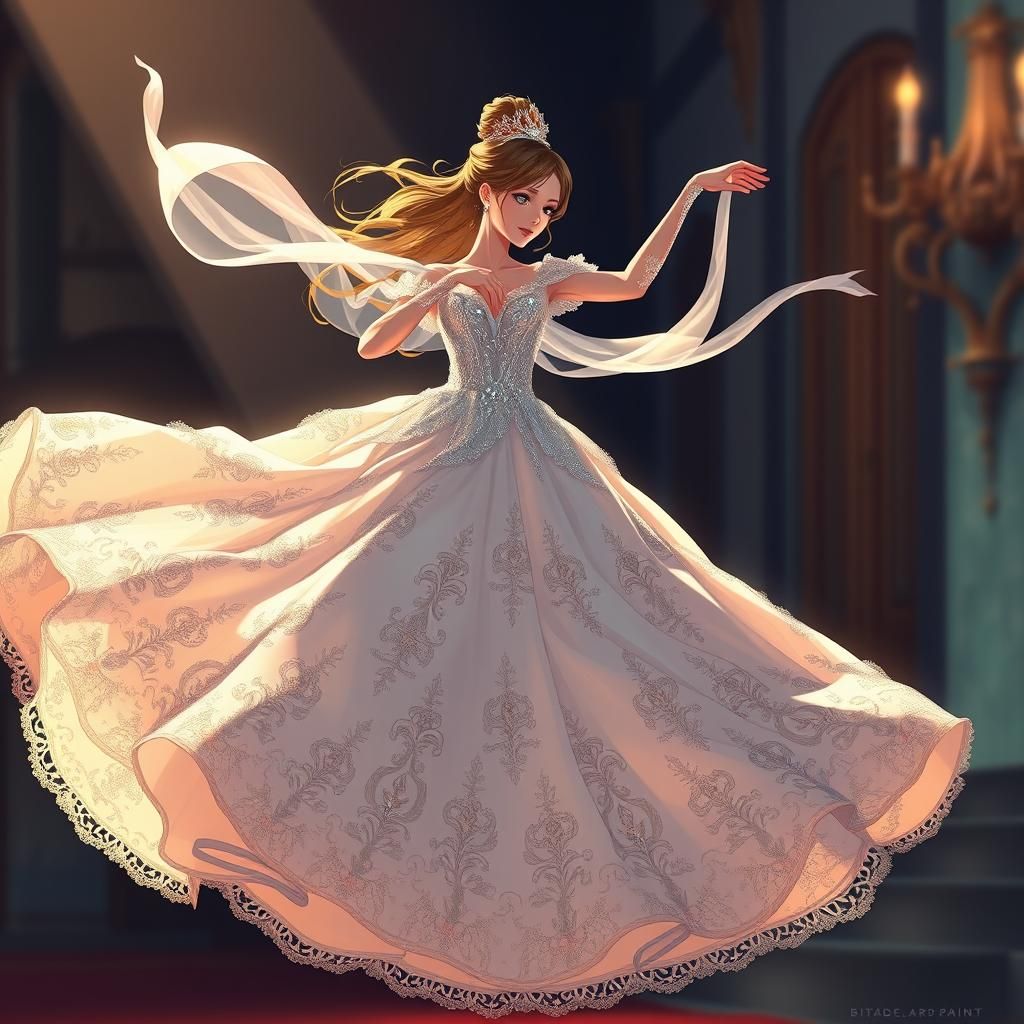 Anime Princess Dancing in Gown, Cel-Shaded Style