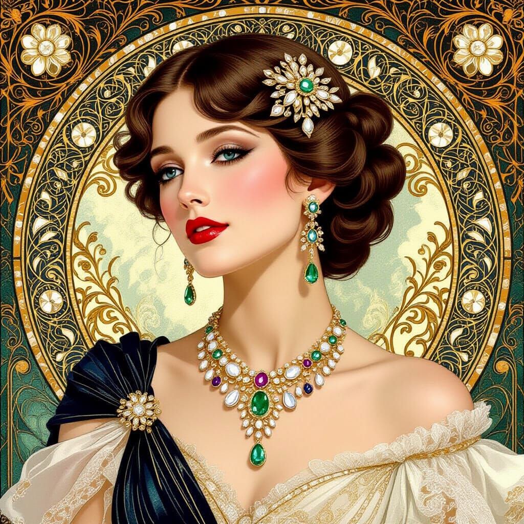 Elegant Woman in Art Nouveau Style Jewelry