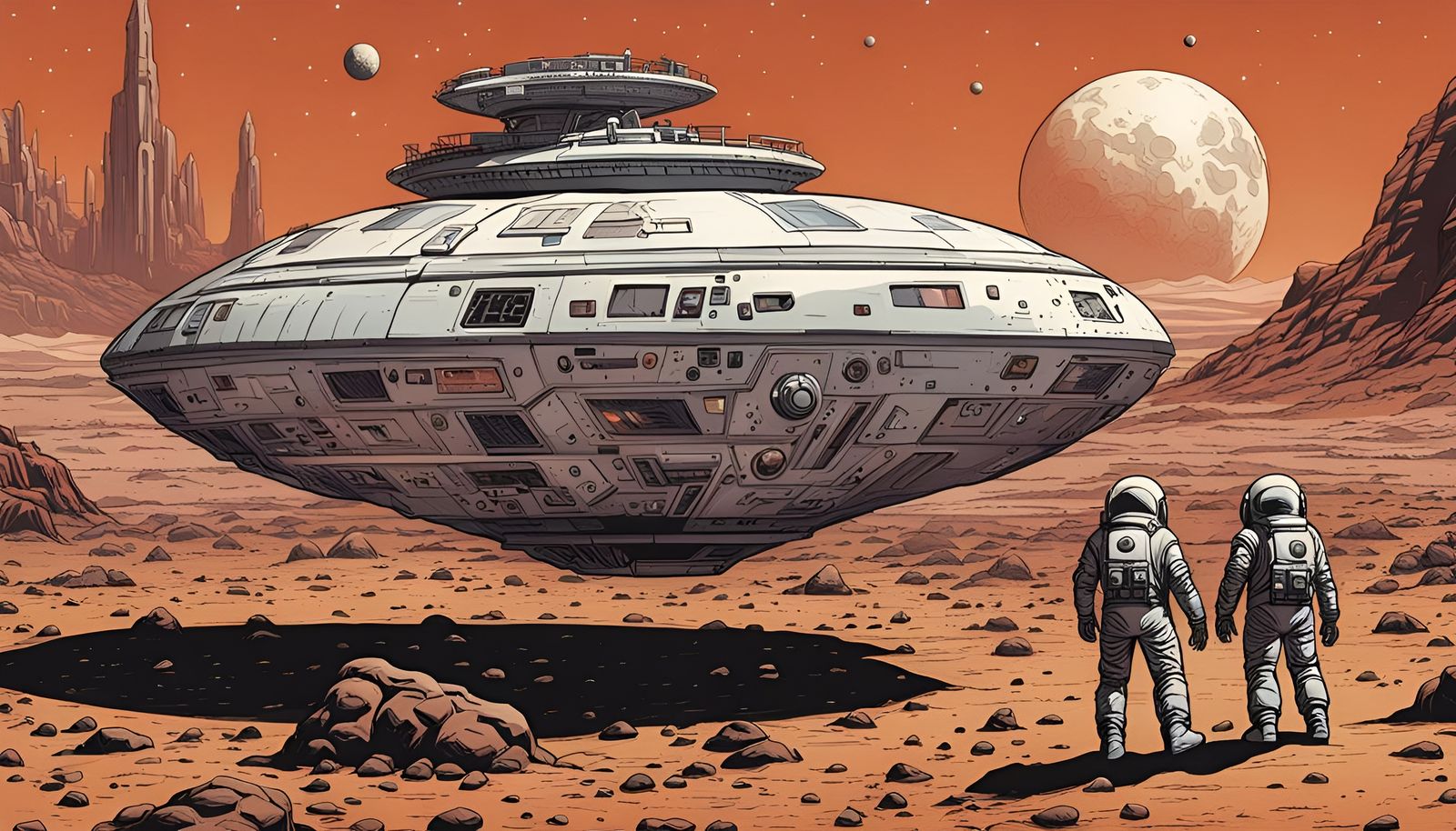 Astronauts Discover Alien Ship on Mars in Comic Style