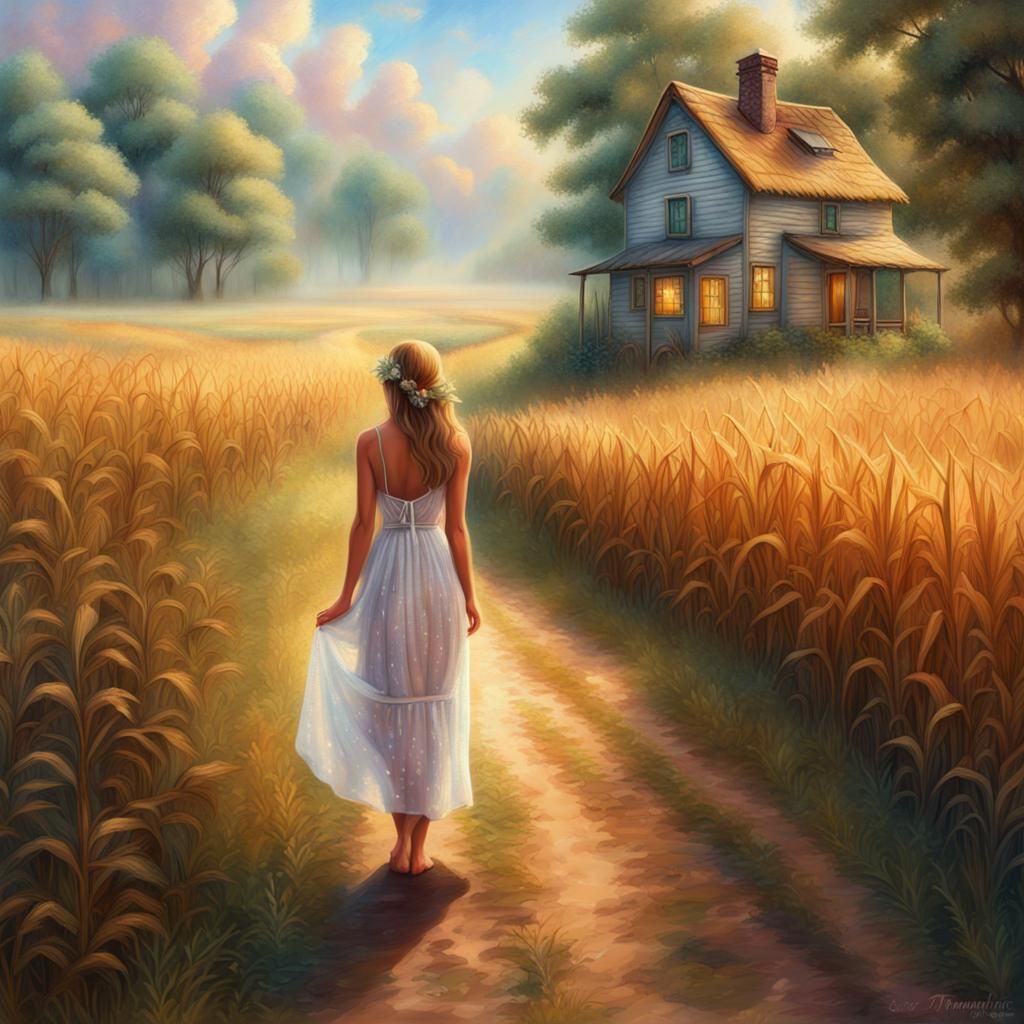 Ethereal Cornfield Fantasy with Woman in Summer Dress