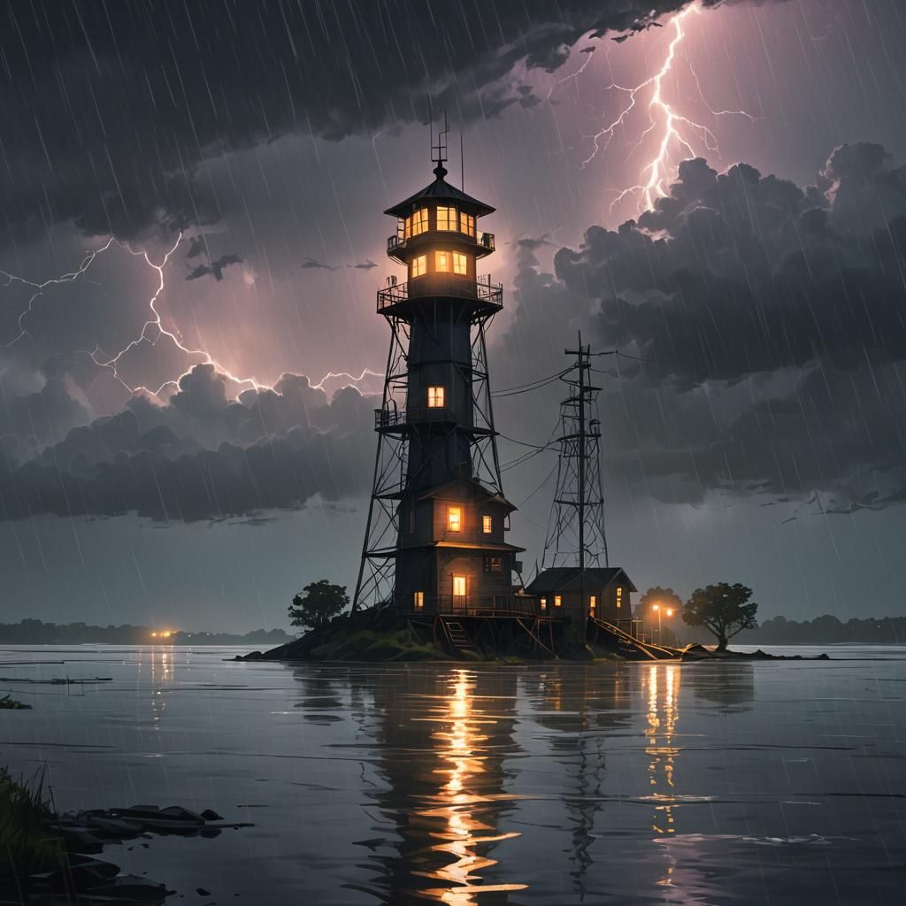 Dramatic Light Tower House in Stormy River