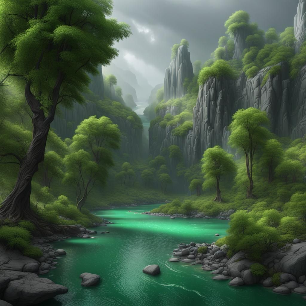 Emerald River in Grayscale Landscape: Detailed Matte Paintin...