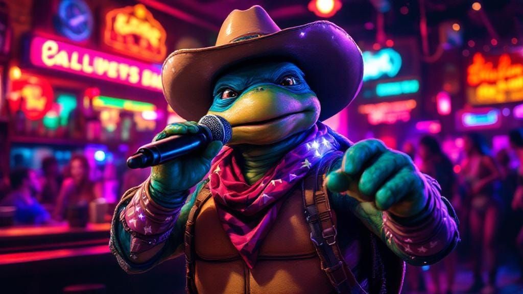 Turtle Cowboy Sings Karaoke in Comic Art Style