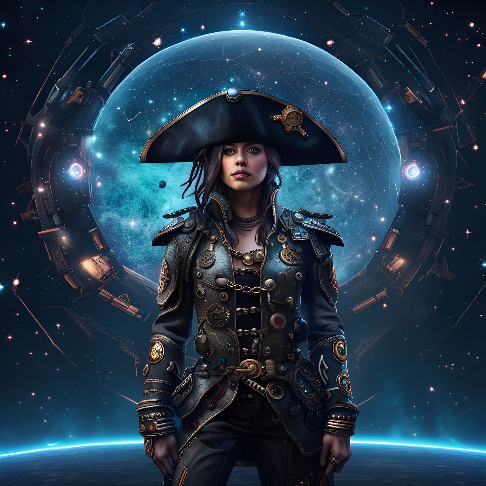 Cyberpunk Pirate Captain in Sci-Fi Starscape