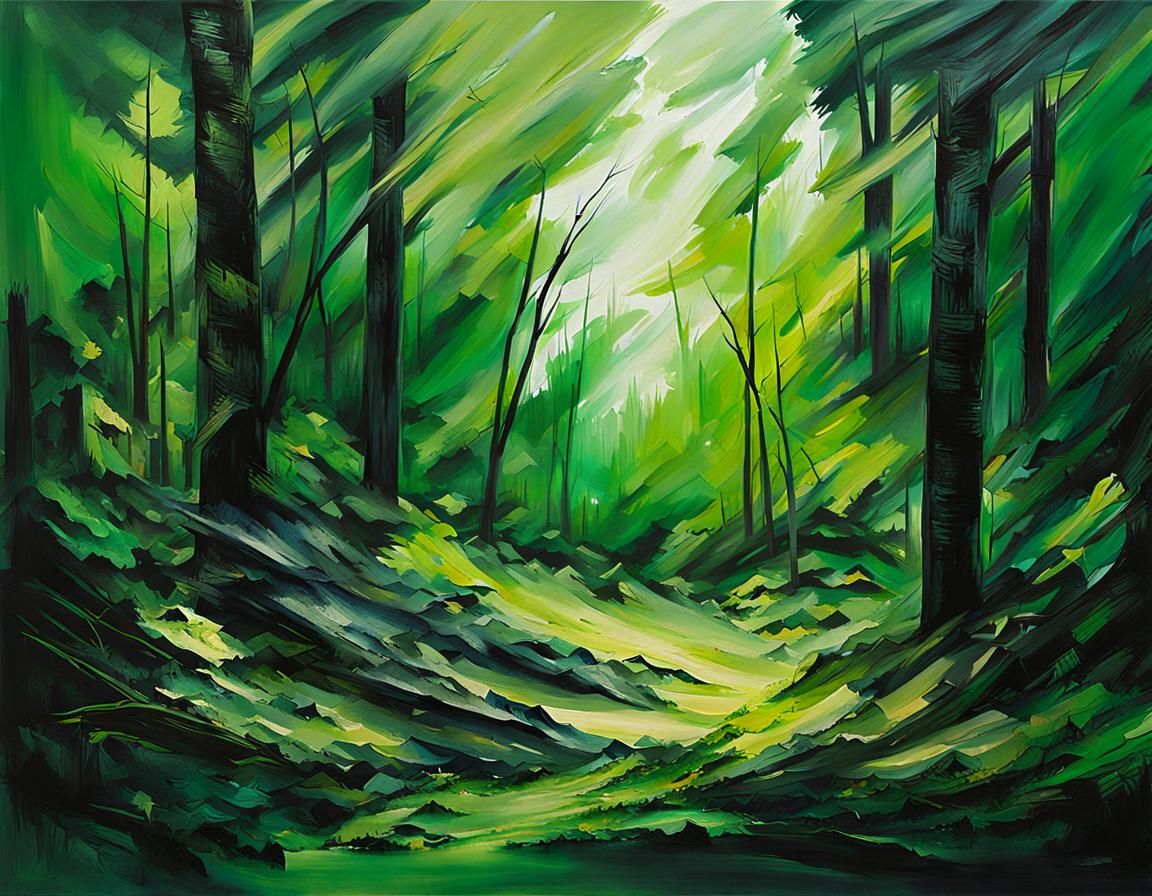 Abstract Forest Painting with Lush Green Vegetation