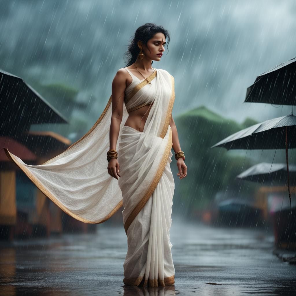 Woman in White Saree: Dramatic Digital Painting