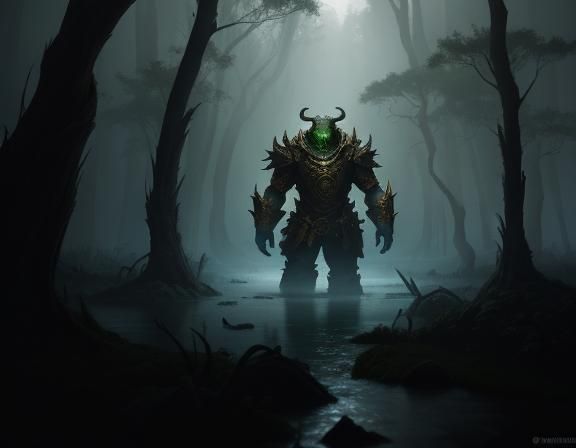 Bullywug Emerges from Misty Swamp, Dark Fantasy Art