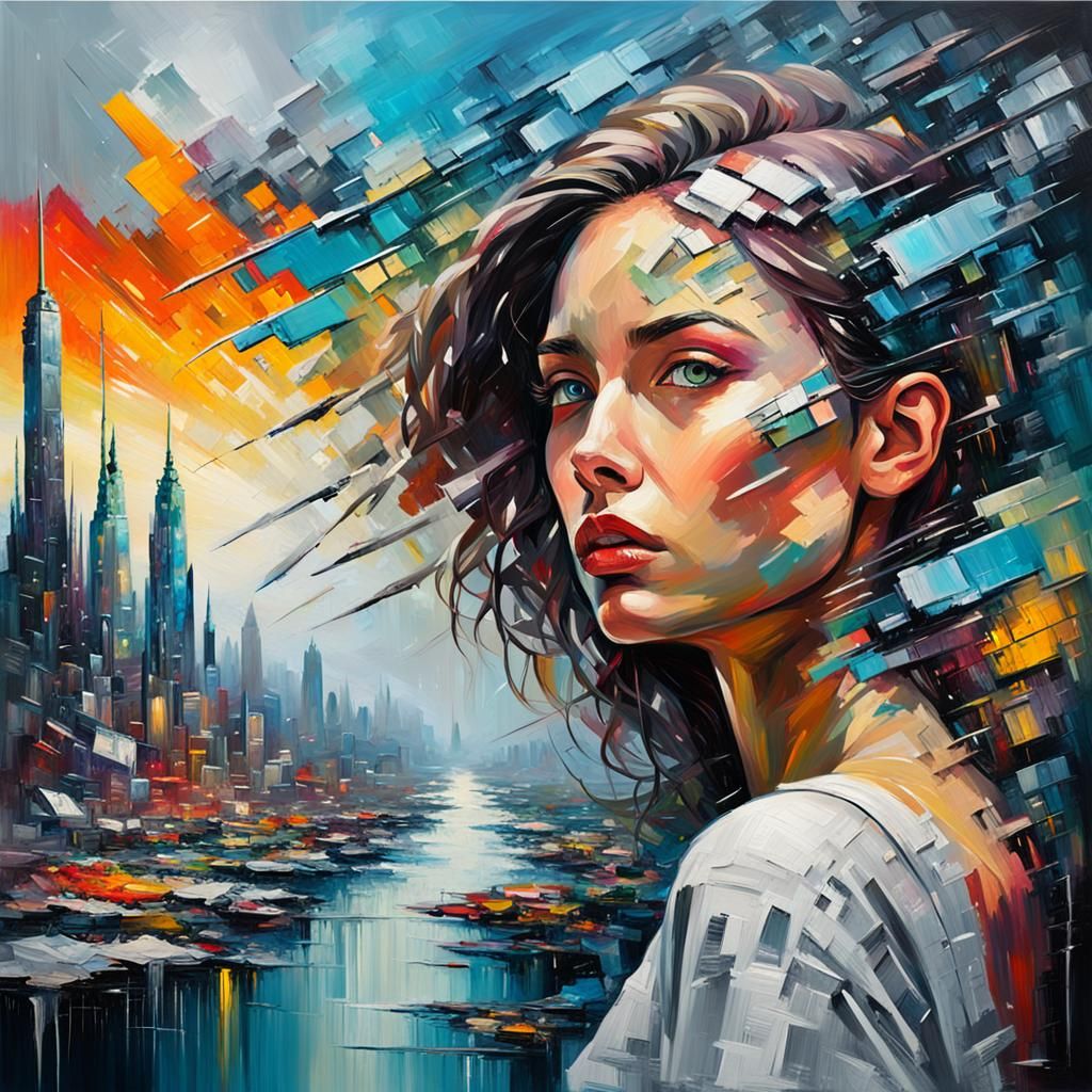 Futuristic Woman Portrait in Abstract Oil Painting