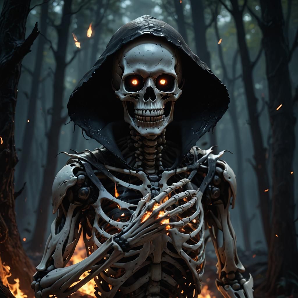 Horrified Skeleton Hand Ablaze in Eerie Forest