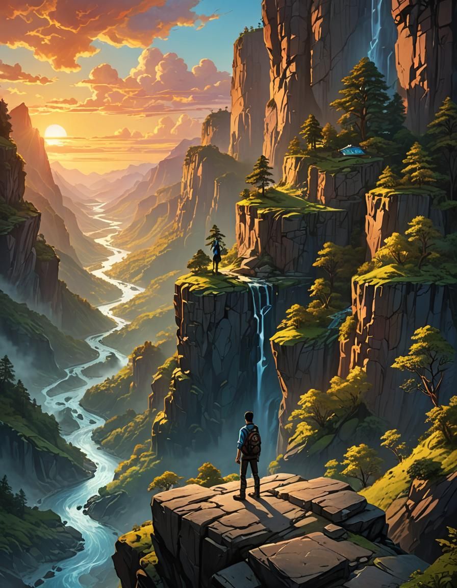 Cliffside Camping: Digital Painting of River Sunset