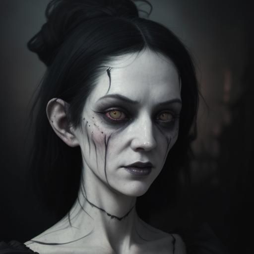 Grotesque witch with black hair and black eyes and pale skin...
