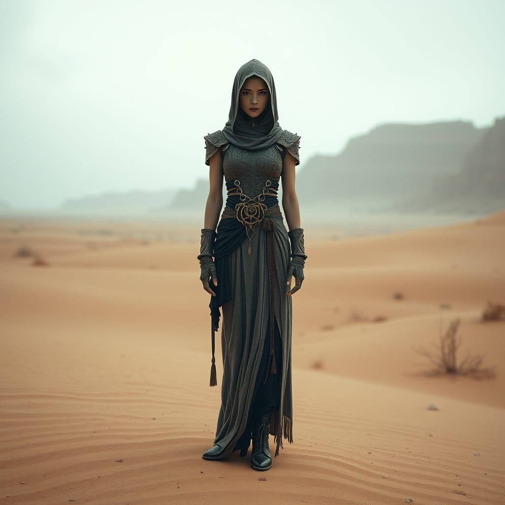 Ethereal Woman in Surreal Desert Landscape