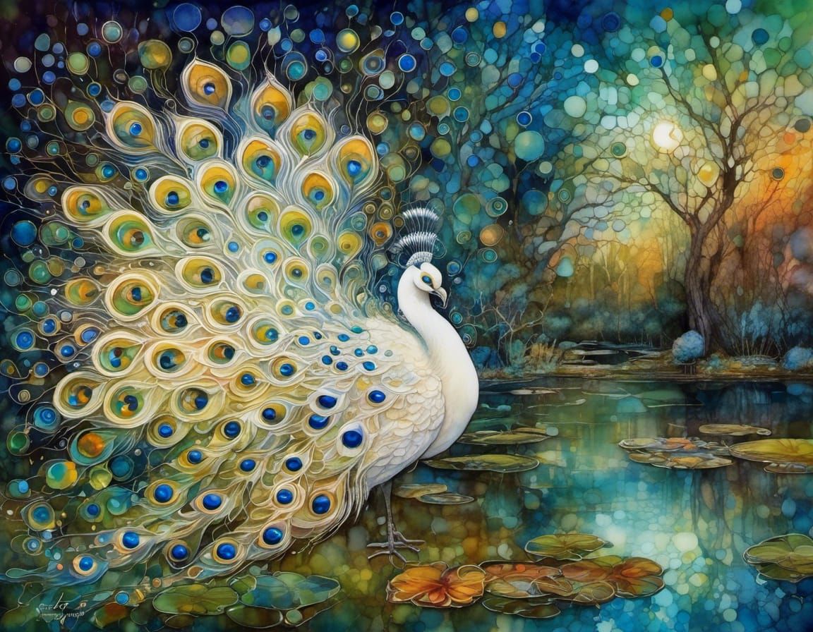 White Peacock in Pond: Alcohol Ink Double Exposure