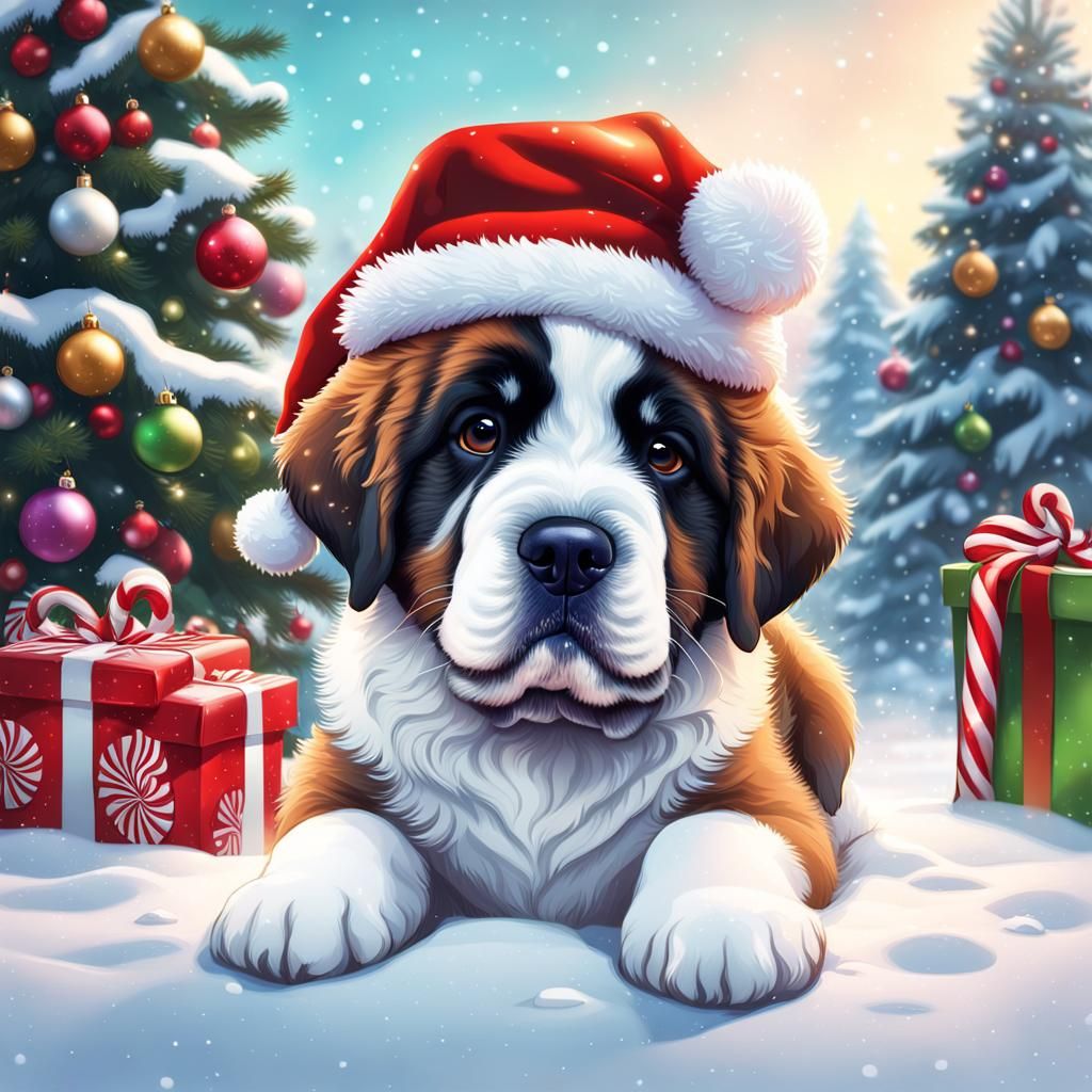 Saint Bernard Puppy in Candy Christmas Wonderland