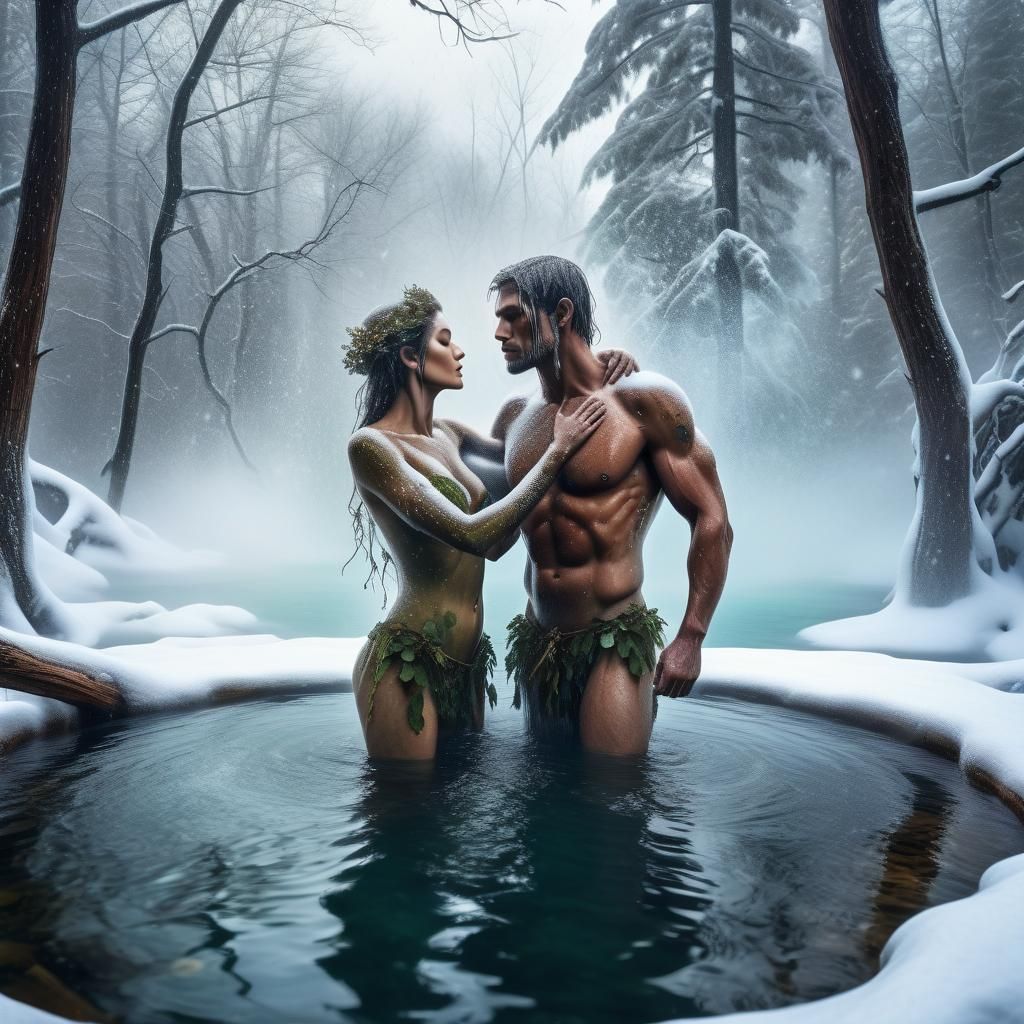 Forest Dryads in Winter Steam Pool: Hyperrealistic Fantasy