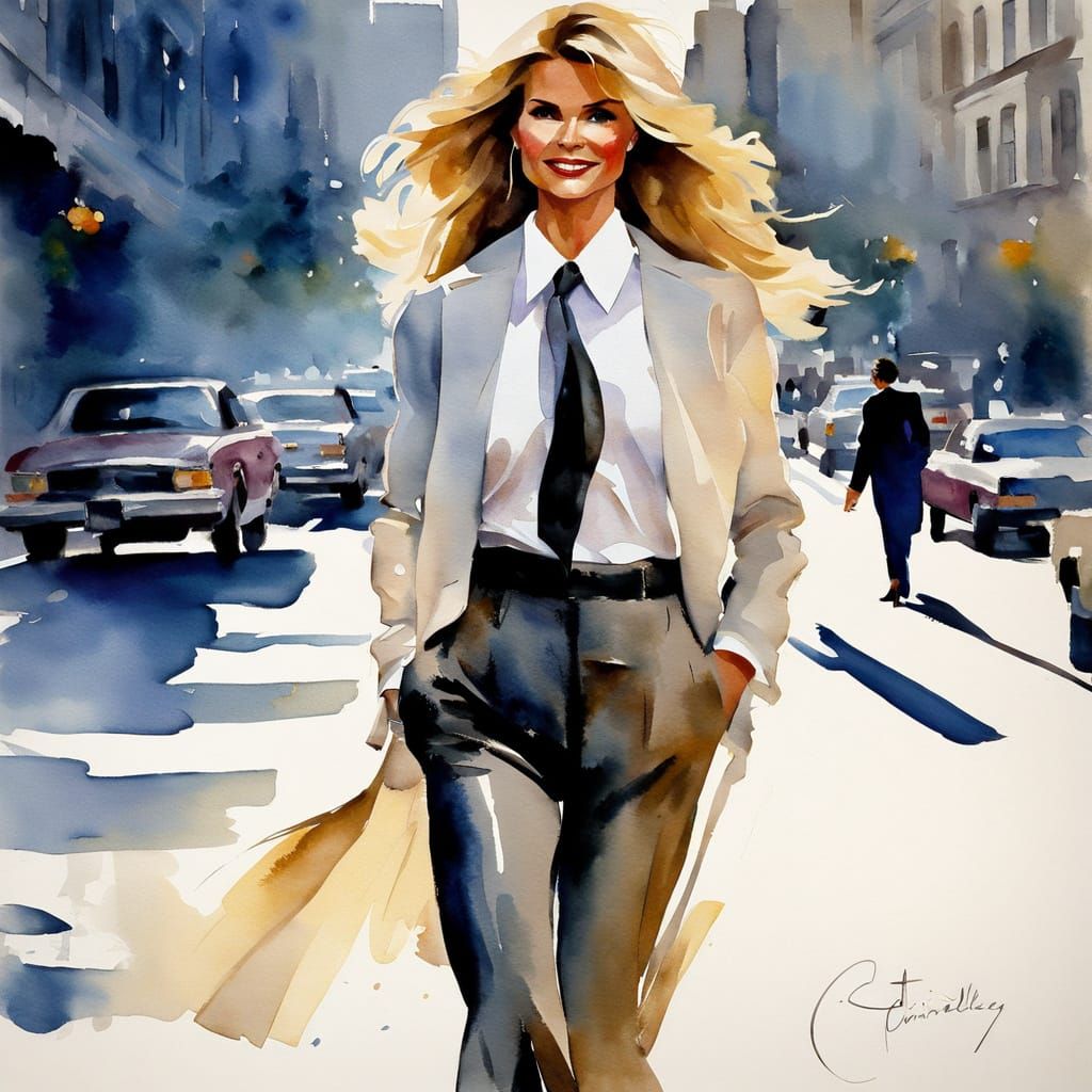 Confident Woman Strolls Down City Sidewalk in Impressionist ...