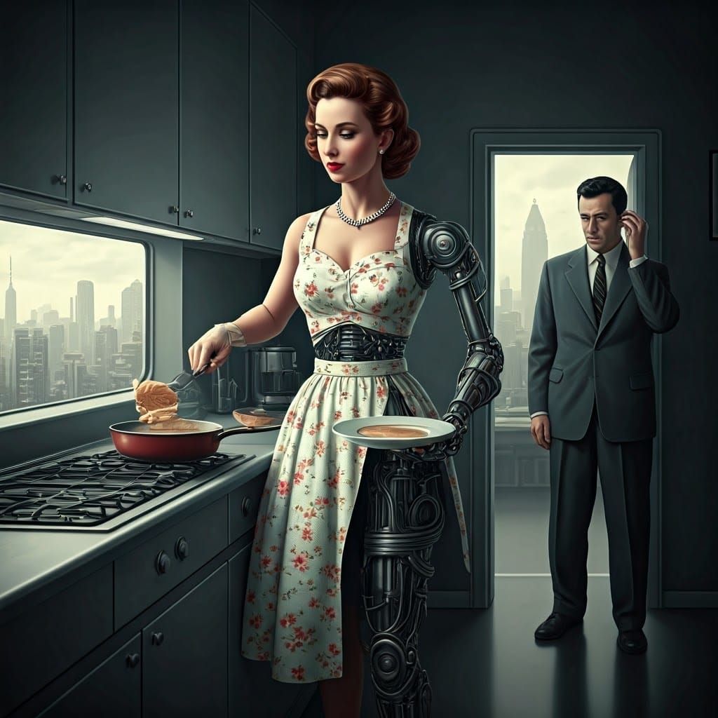 Cybernetic Housewife Cooks Dinner Amidst Dystopian Metropoli...