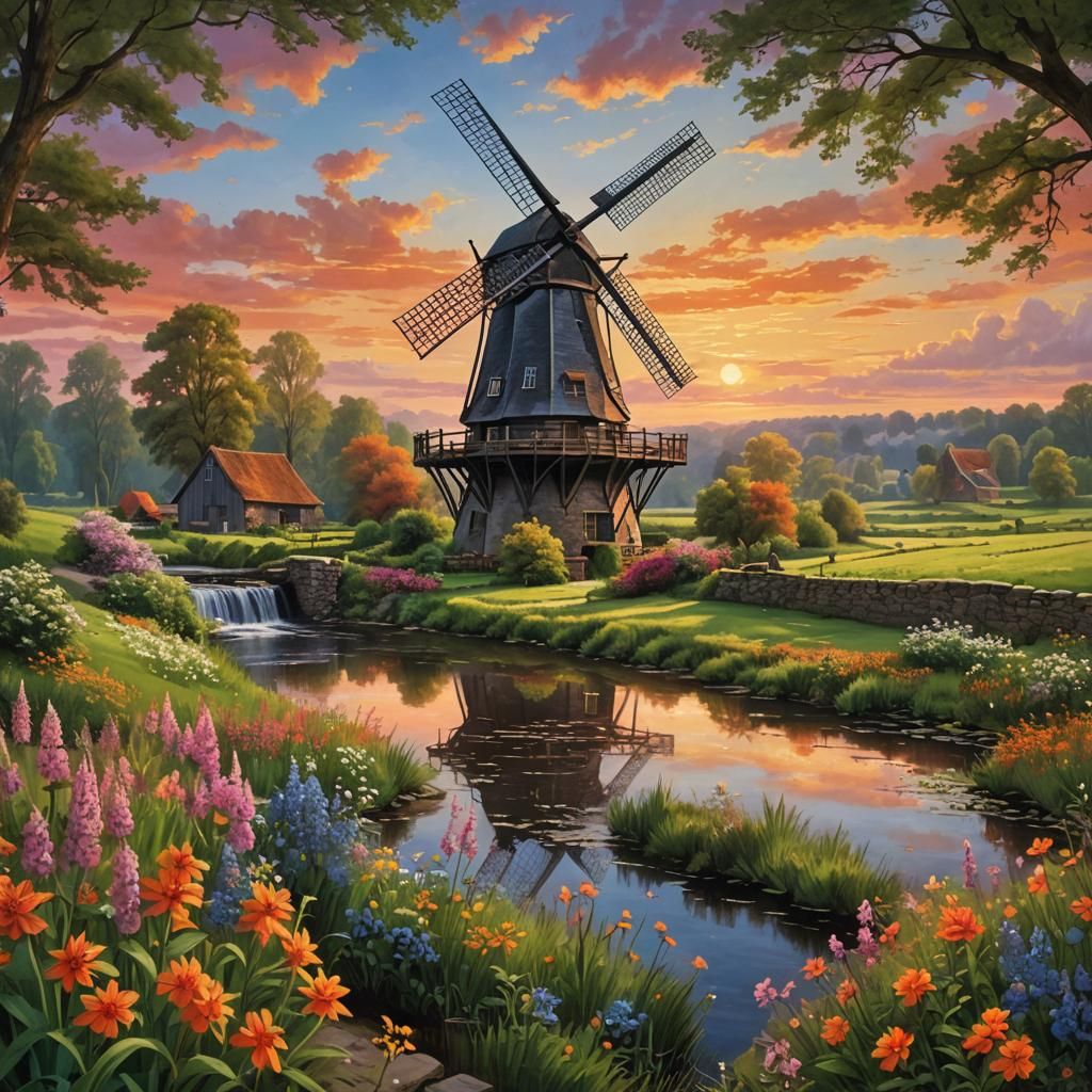 Dutch Windmill at Sunset: A Matte Painting